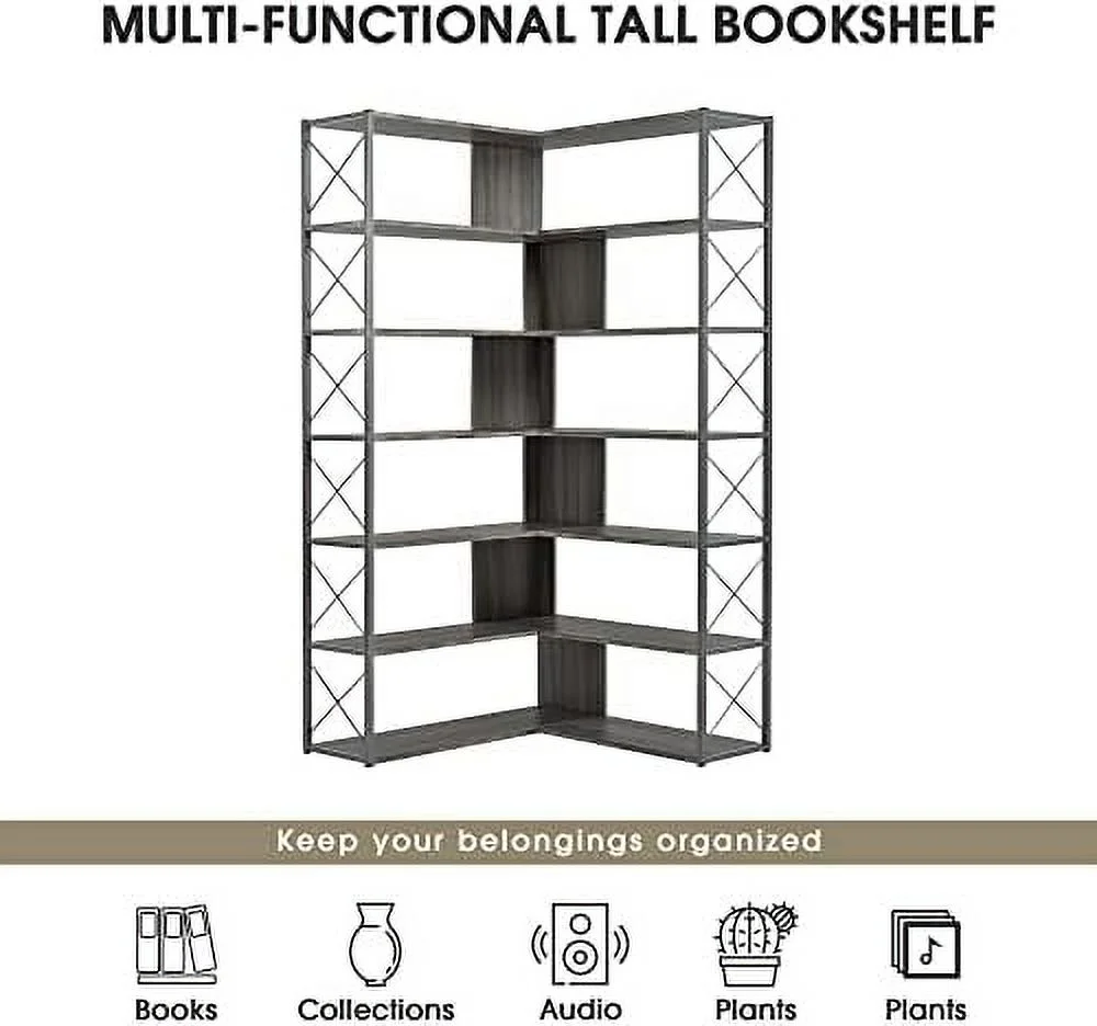 Bookcase 7- Tall Corner Bookshelf  Floor Standing L-Shaped Organizer Book  with Open   Metal Frame for Home Office
