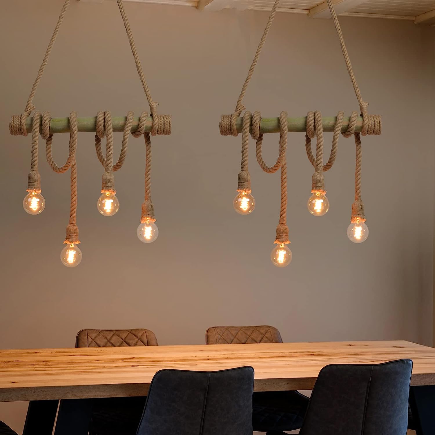 Arturesthome 6 Heads Hemp Rope Pendant Light, Vintage Bamboo Chandeliers Fixture Kitchen Island