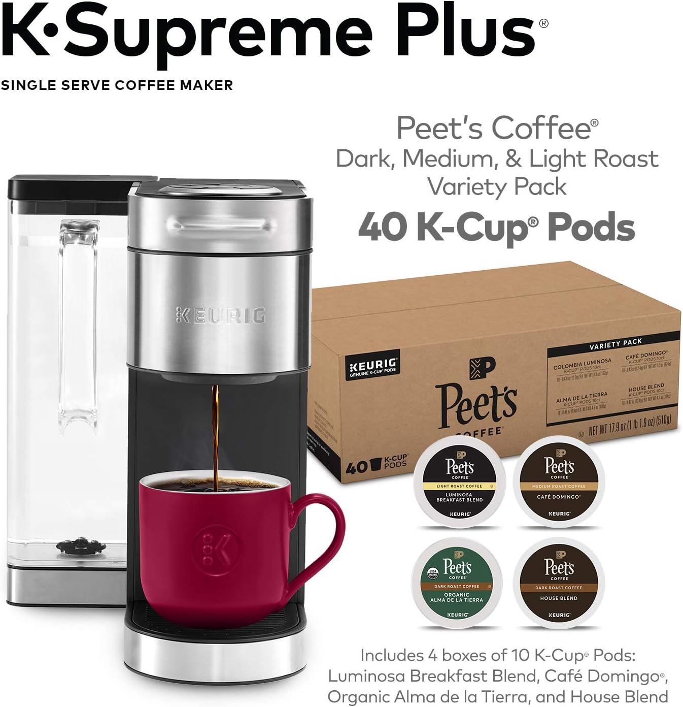 Keurig K-Supreme Plus Coffee Maker, Stainless Steel + Peet's Coffee Dark, Medium, & Light Roast K-Cup Coffee Pods for Keurig Brewers, Pods
