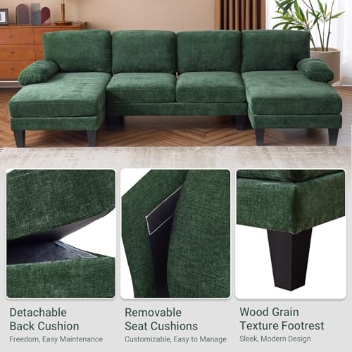 VINGLI 110" Sectional Couches for Living Room,U Shaped Couch with Double Chaise, 4-Seat Sofa Set with Chenille Fabric for Home Furniture,Forest Green