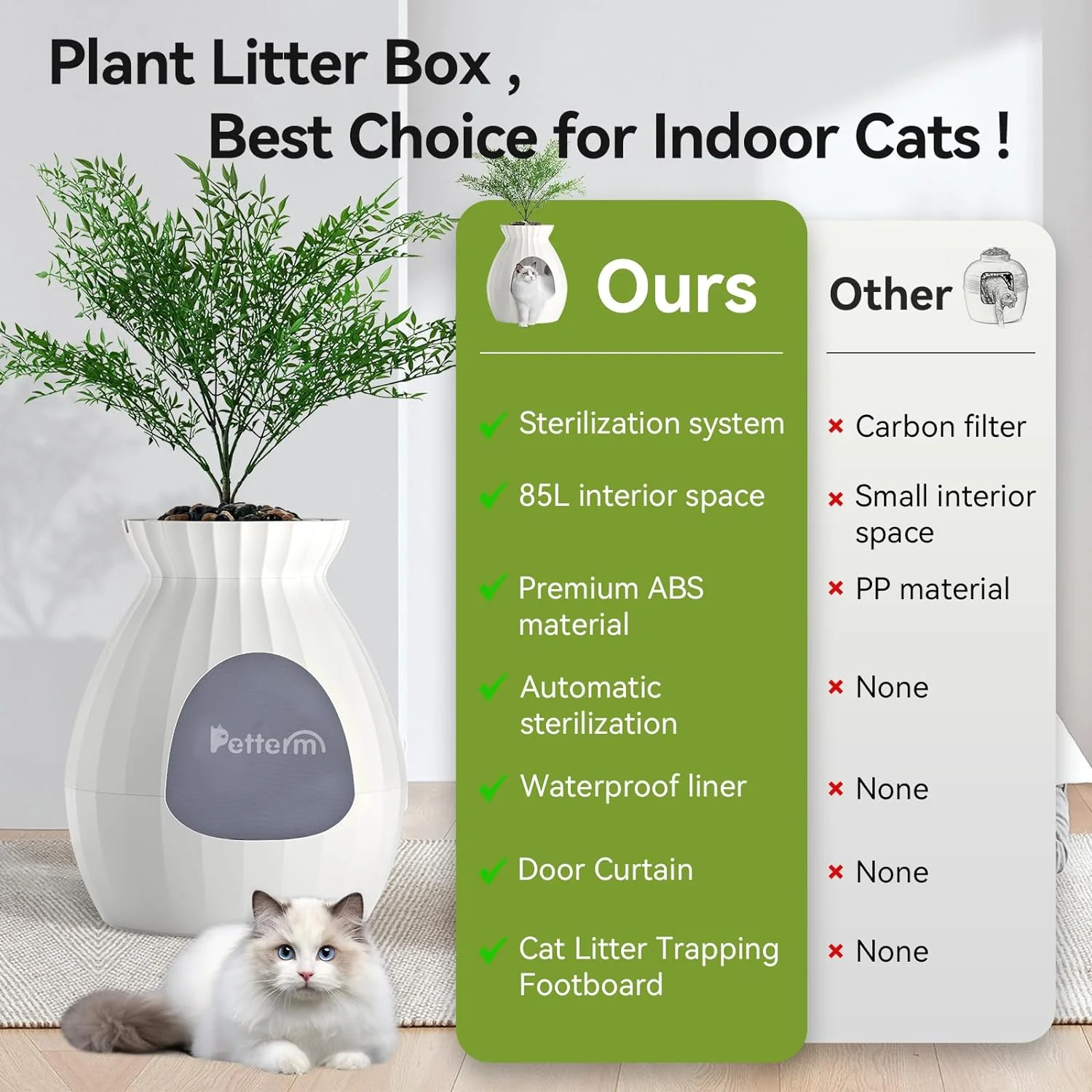 Petterm Hidden Litter Box Enclosed Plant Litter Box with Odor Removal & Sterilization System