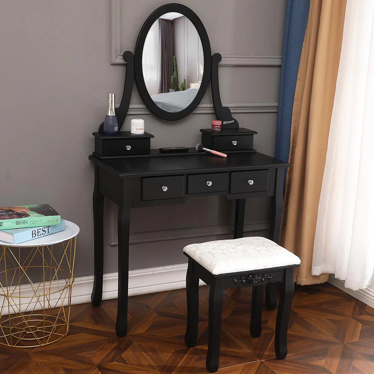 Ktaxon Vanity Makeup Dressing Table Set W/Stool, Black