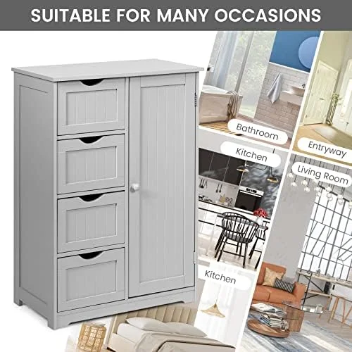 KHBIULIFE Bathroom Floor Cabinet  Side  Organizer Cabinet w/ 1 Cupboard and 4 Drawers  Wooden Free Standing  Cabinet w/Adjustable  in 3 Positions for