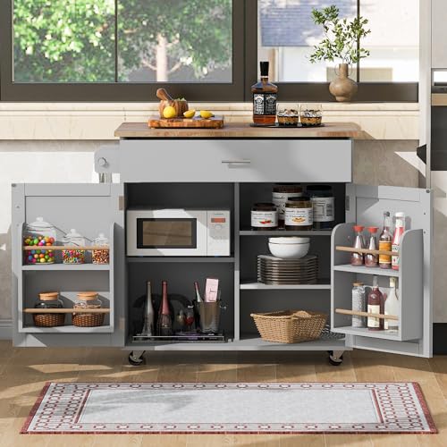 53.5''Farmhouse Kitchen Island with Power Outlet, Kitchen Storage Island with Drop Leaf, Spice Rack and Drawer, Rolling Kitchen Cart on Wheels
