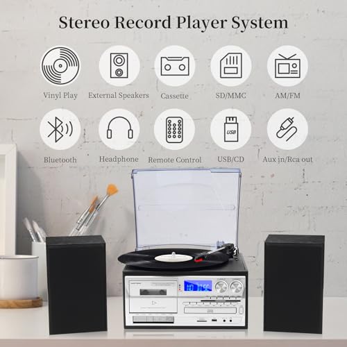 10 in 1 Record Player with External Speakers, 3 SpeedTurntable with AM/FM Radio, CD & Cassette Player, Bluetooth, USB/SD Playback, Remote Control