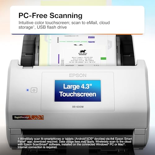 Epson RapidReceipt RR-600W Wireless Desktop Color 2-Sided Receipt & Document Scanner with ScanSmart AI PRO Receipt Management & PDF Software for PC &