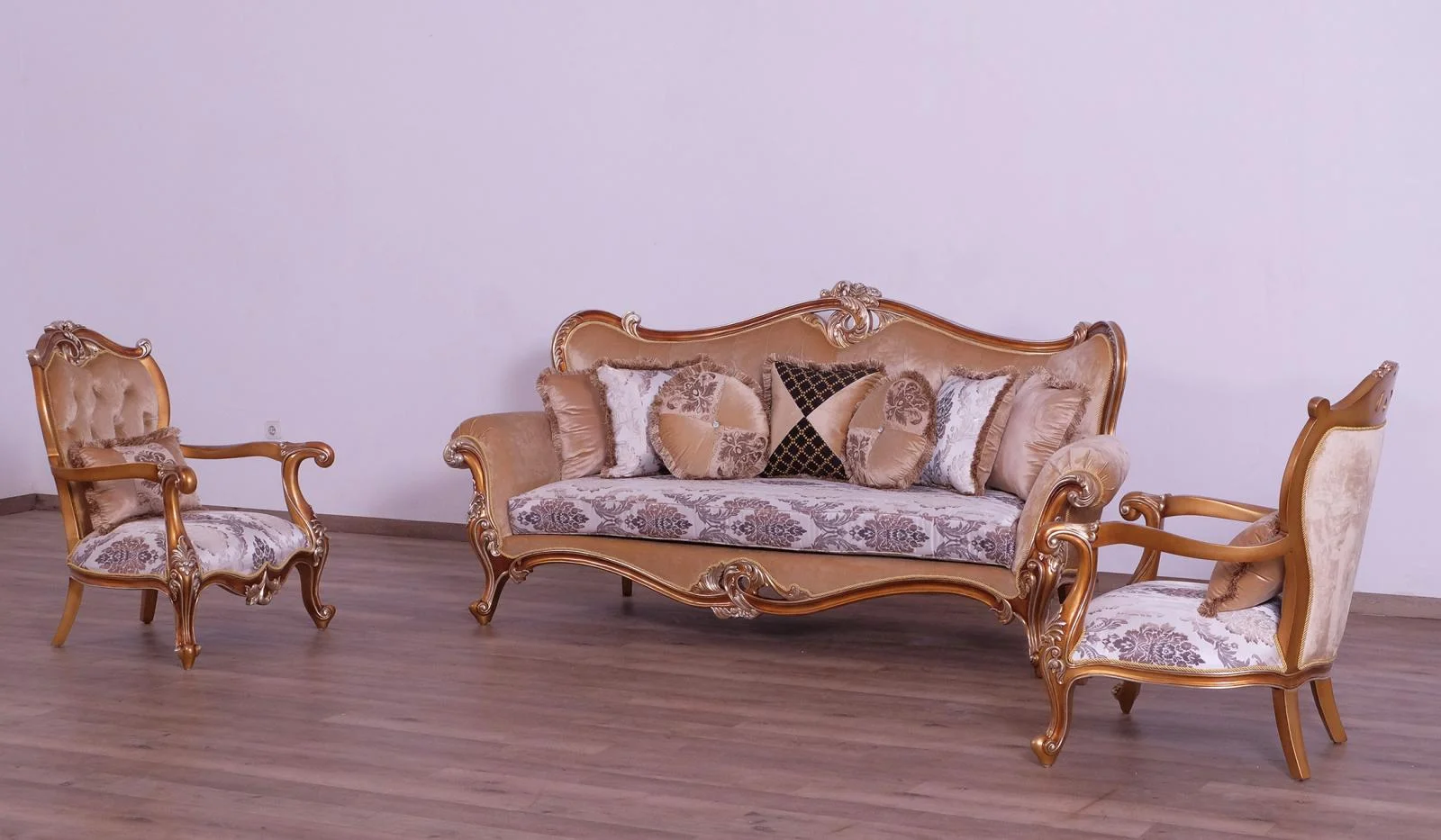 Luxury Black & Sand Wood Trim AUGUSTUS II Sofa Set 3 EUROPEAN FURNITURE Classic