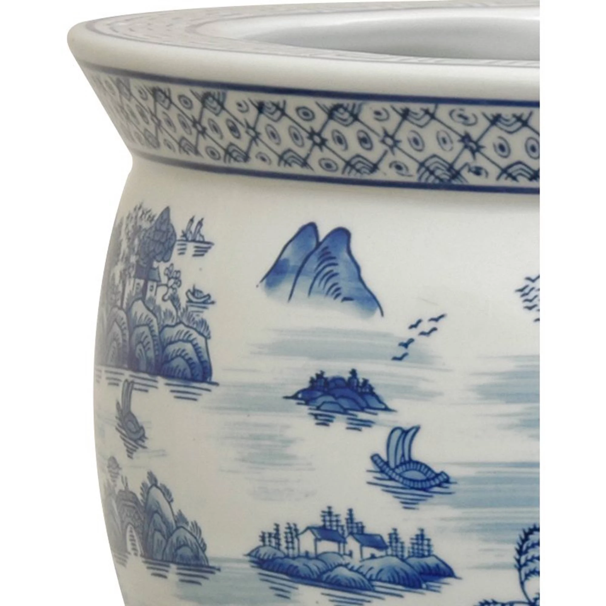 Oriental Furniture 12" Landscape Blue & White Porcelain Fishbowl