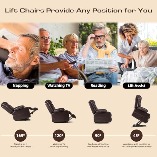 Large Power Lift Chairs Recliners for Elderly with Heated and Massage, Overstuffed Adjustable Lift Chairs, 3 Positions, Breathable Leather