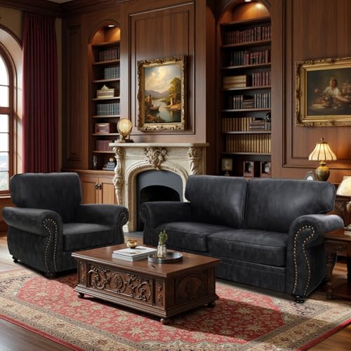 Mid-Century Vintage Sofa Couches with Rivet Design,3-Seater Sofa,Removable Sofa Cover Upholstered Cushions and Solid Wood Frame (Brown, 3-Seater)