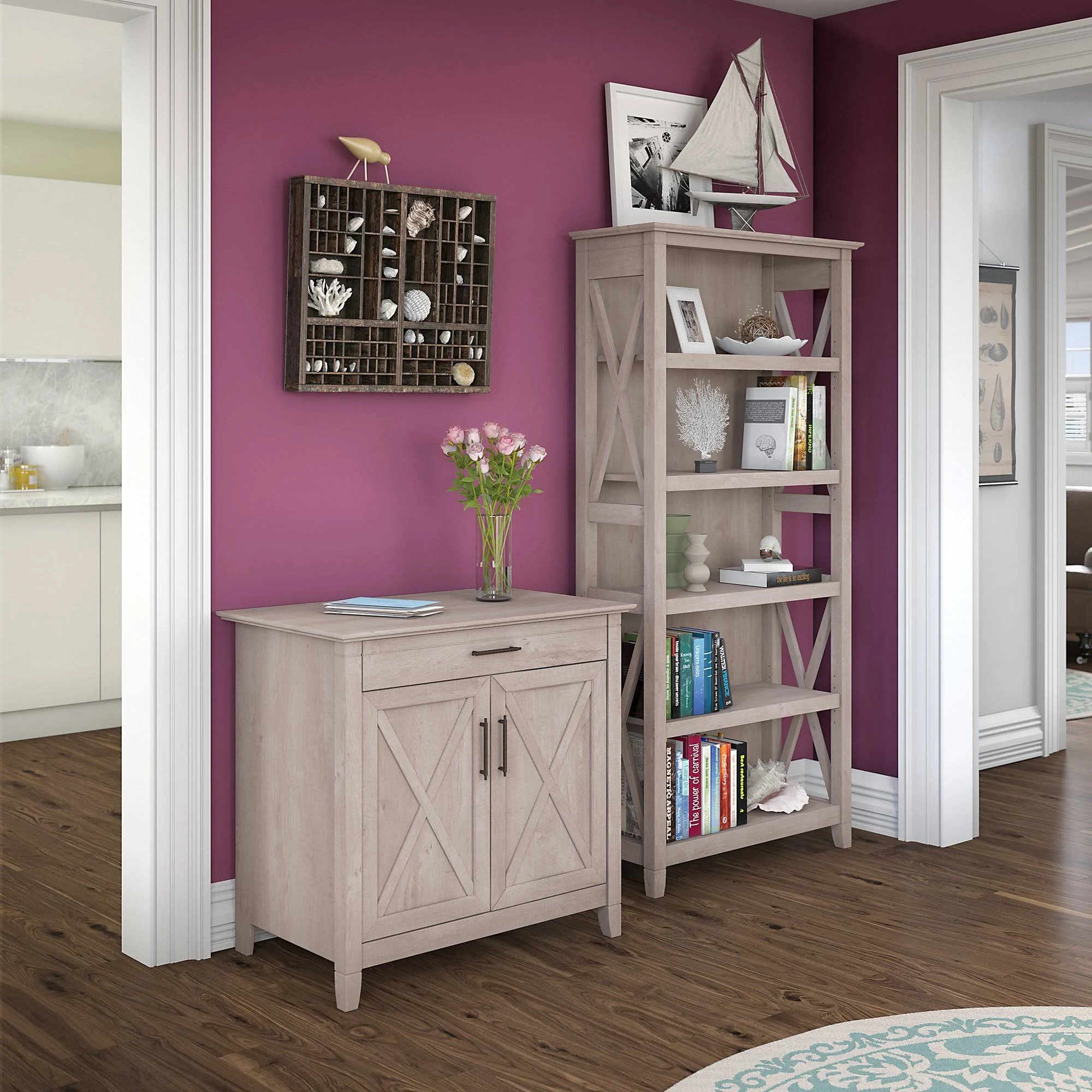 Bush Furniture KWS012WG Key West Laptop Storage Desk Credenza with 5 Shelf Bookcase, Washed Gray