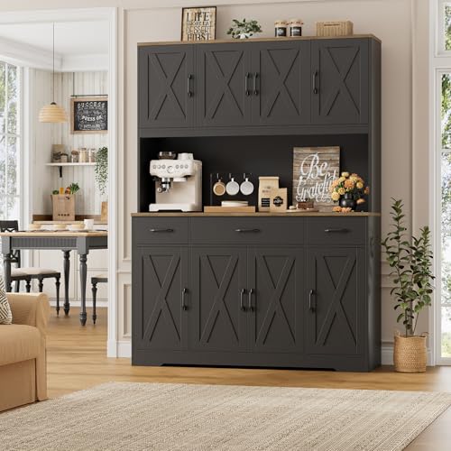 HOSTACK 71" Tall Kitchen Pantry Storage Cabinet with Charging Station, 55" Wide Kitchen Hutch Cabinet with Large Countertop