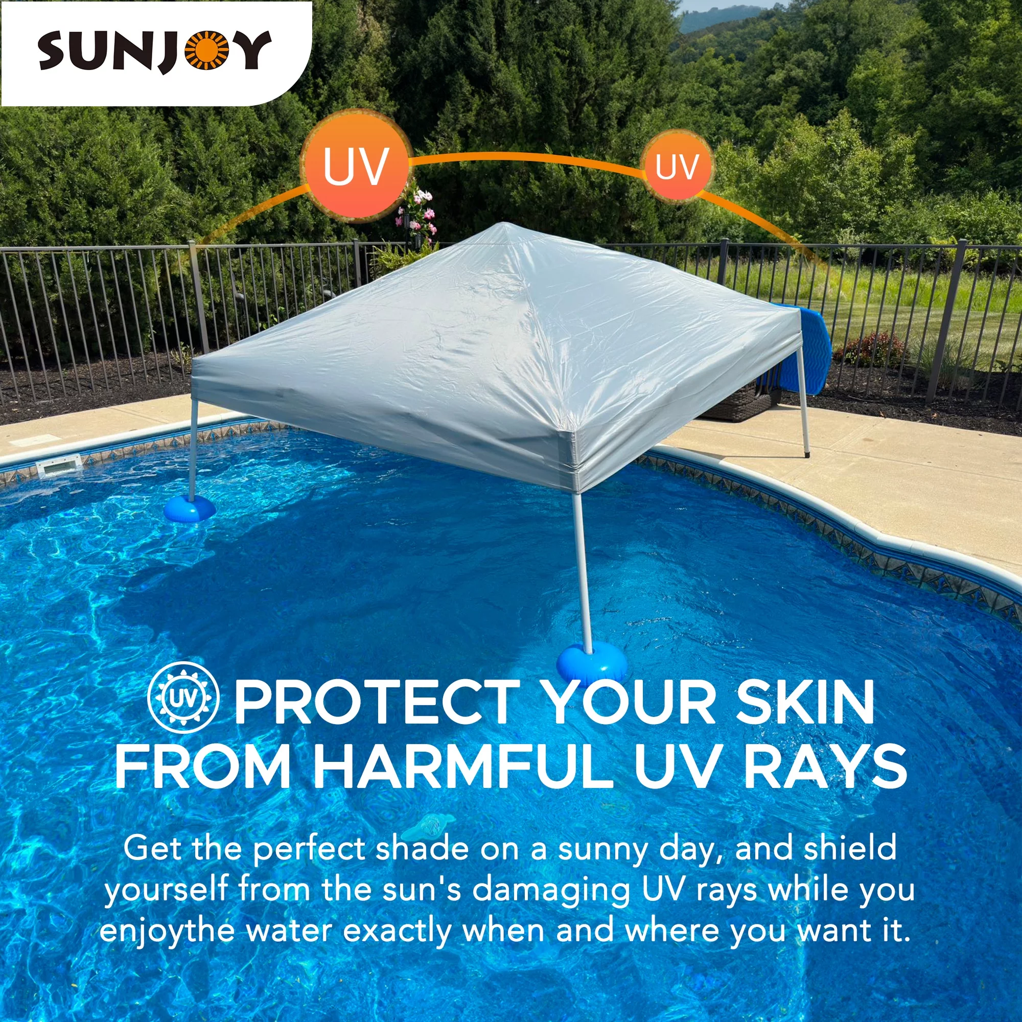 Sunjoy Floating Pool Canopy 10&rsquo; &times; 10&rsquo; Pop Up Gazebo Grey Fabric Canopy, Steel and Aluminum Frame Floating Tent with PVC Floats
