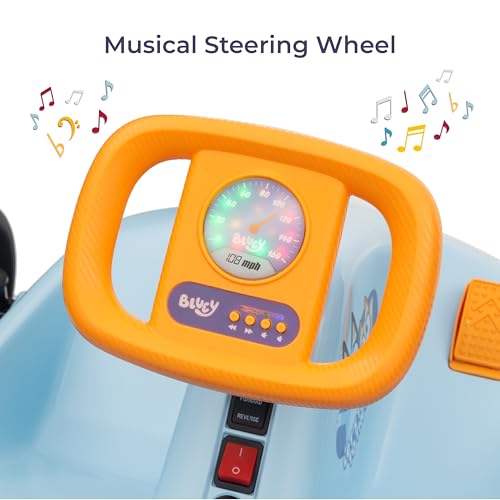 Bluey 12V Electric Go Kart for Kids, Electric Ride-On Toy with Lights, Seat Belt, Ages 3-6, Durable PVC and Iron Construction, Rechargeable Battery