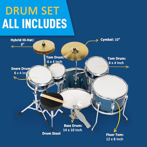 Ktaxon 5-Piece Complete Junior Drums Set, 14 Inch Beginners Drum Kit with Throne Stool, Pedal & Drumsticks, Kids Drums Musical Instruments W/Cymbal