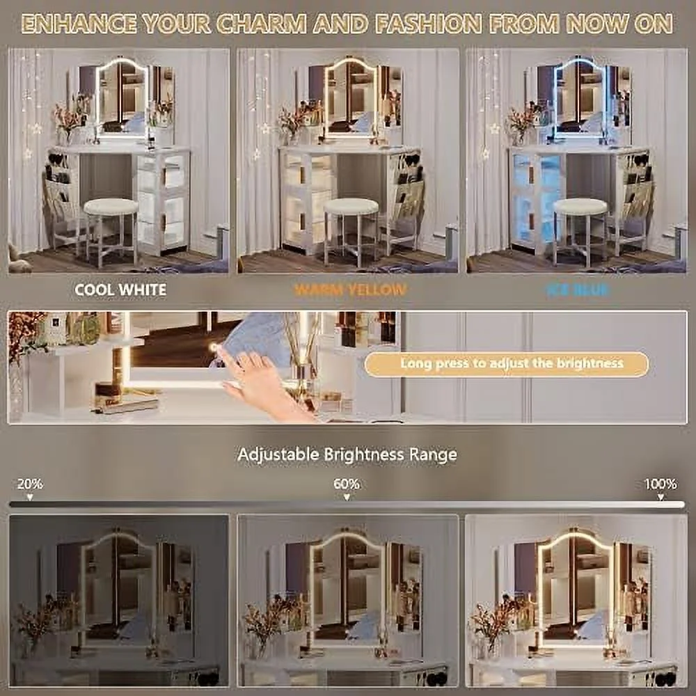 Vanity Desk with Mirror and Lights  Makeup Vanity with Charging Station  Dressing Table with 3 Lighting Options  Vanity Set with Drawers