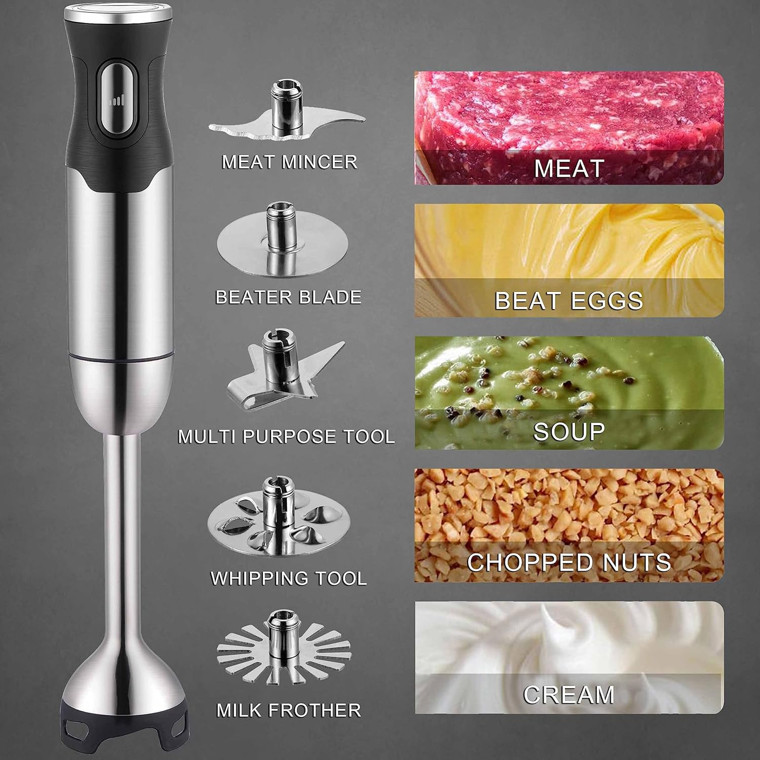 BergHOFF X5 Pro Stainless Steel Handheld Food Processor With 5 Multifunctional Blades, 1000W, 18000 RPM, 13ft Expandable, Low Noise, 16-Speed Control