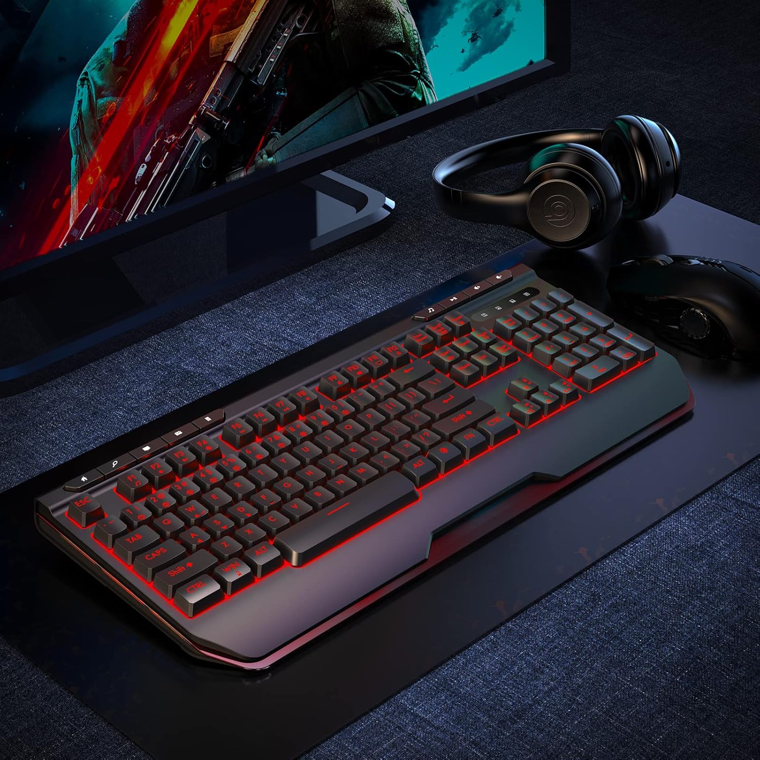 Gaming Keyboard, Qwecfly Wireless Gaming Keyboard, Rechargeable Backlit Keyboard, Wireless Wired Dual-Mode Quiet Keyboard with Ergonomic Wrist Rest