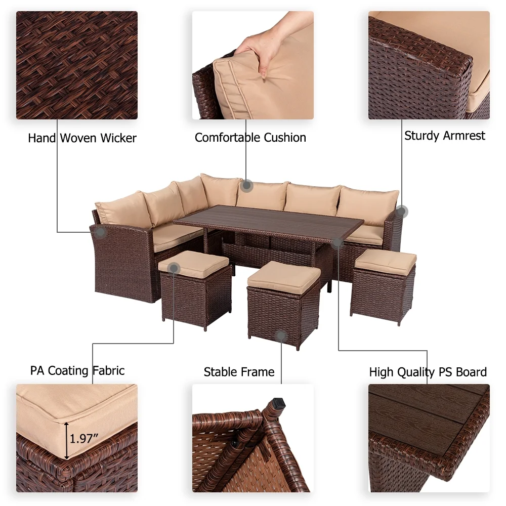 Zimtown 8PCS Wicker Rattan Couch Conversation Set Brown, Patio Dining Set, Rattan Furniture, Module Sofa Set for Garden, Yard