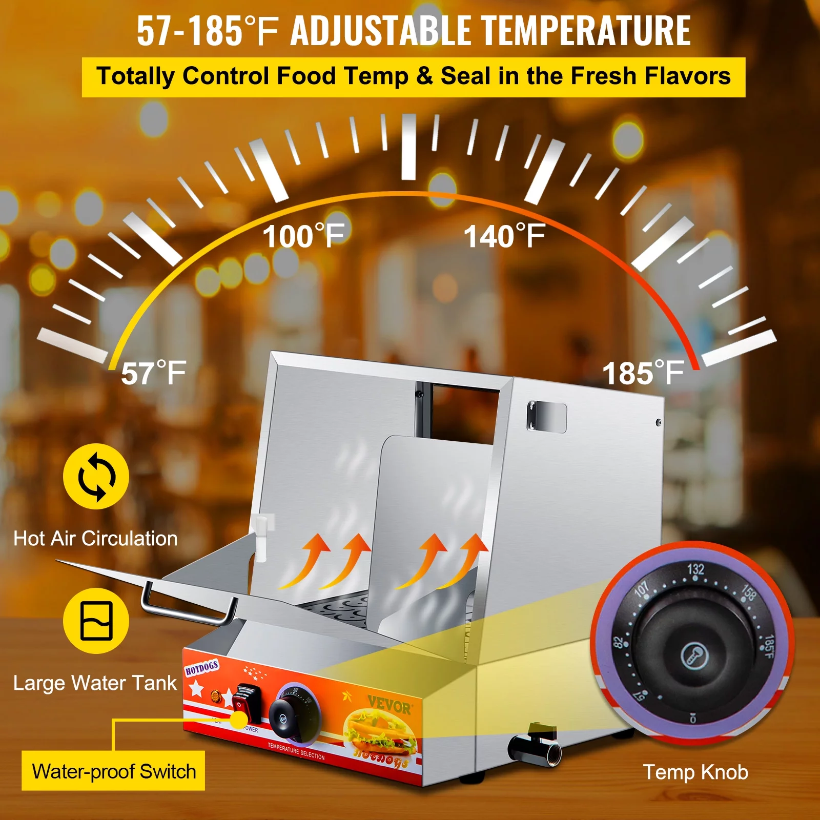 VEVOR Hot Dog Steamer, 36L/32.69Qt, Classic Hut Steamer for 96 Hot Dogs & 30 Buns
