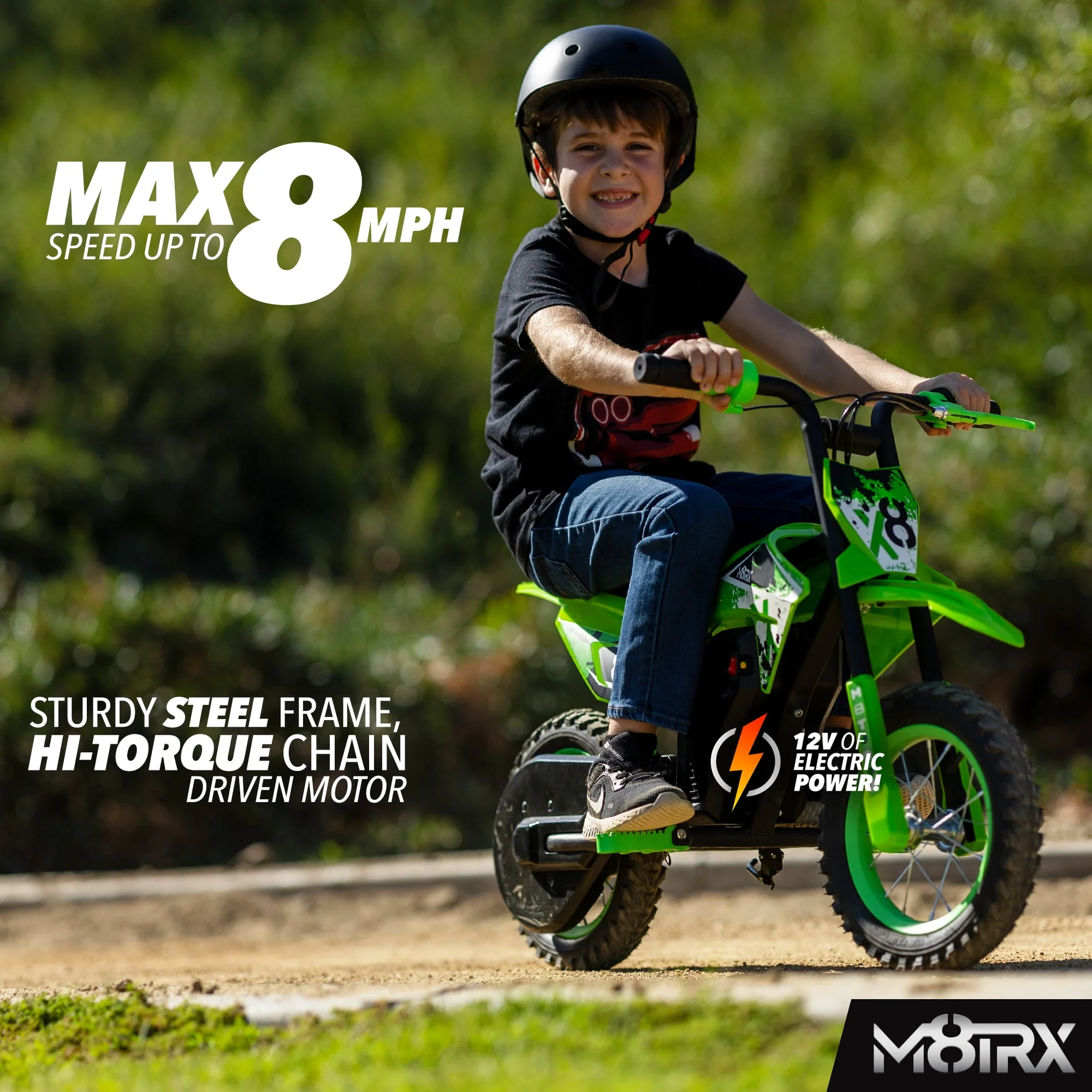 M8TRX 12V Mini Electric Child Dirt Bike, Battery Powered Toy Motorcycle, Kids Ride On, Ages 5 Years and Up, Green