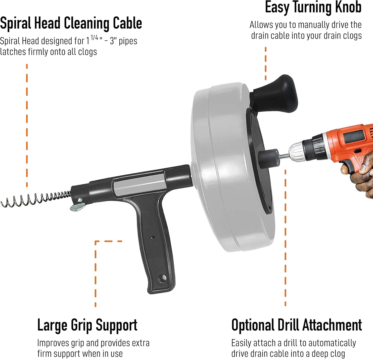 DrainX 50-FT Steel Power Pro Drum Auger Plumbing Snake with Drill Attachment | Use Manually or Powered | Heavy Duty Cable with Work Gloves and