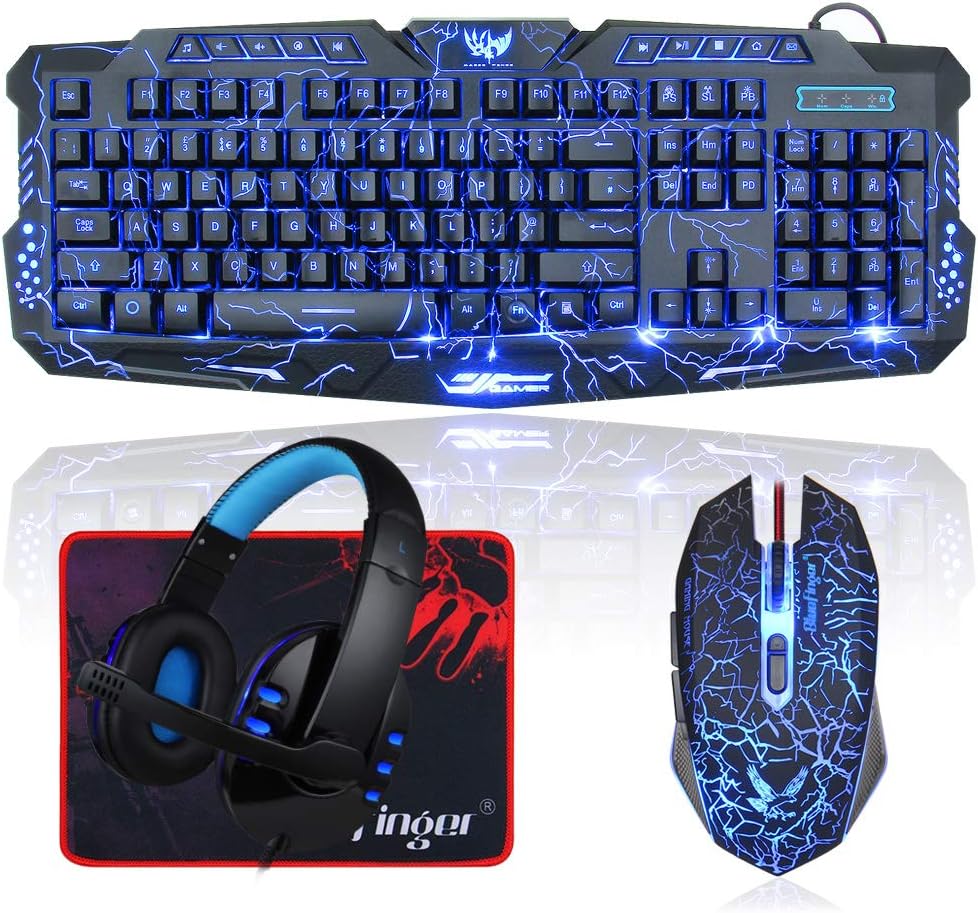 BlueFinger Backlit Gaming Keyboard and Mouse and LED Headset Combo,USB Wired 3 Color Crack Backlit Keyboard,Blue LED Light Gaming Headset