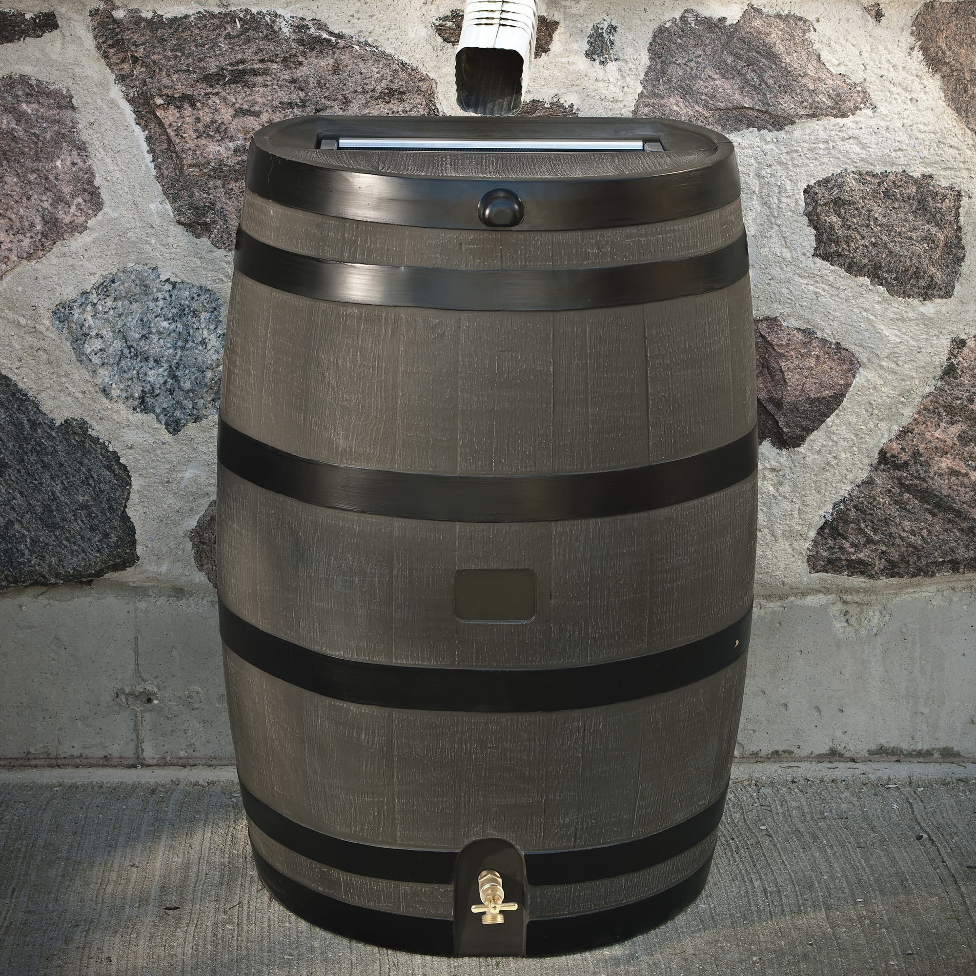 RTS Home Accents Polyethylene 50 Gallon Flat Back Brass Spigot Rain Barrel, Woodgrain with Black Stripes Color - Radiant Selections