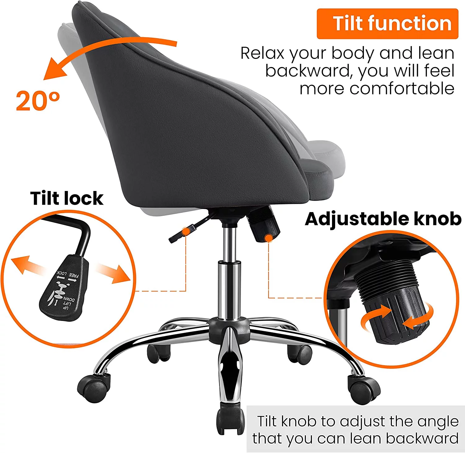Modern Boucle Desk Chair, Makeup Vanity Chair with Adjustable Tilt Angle