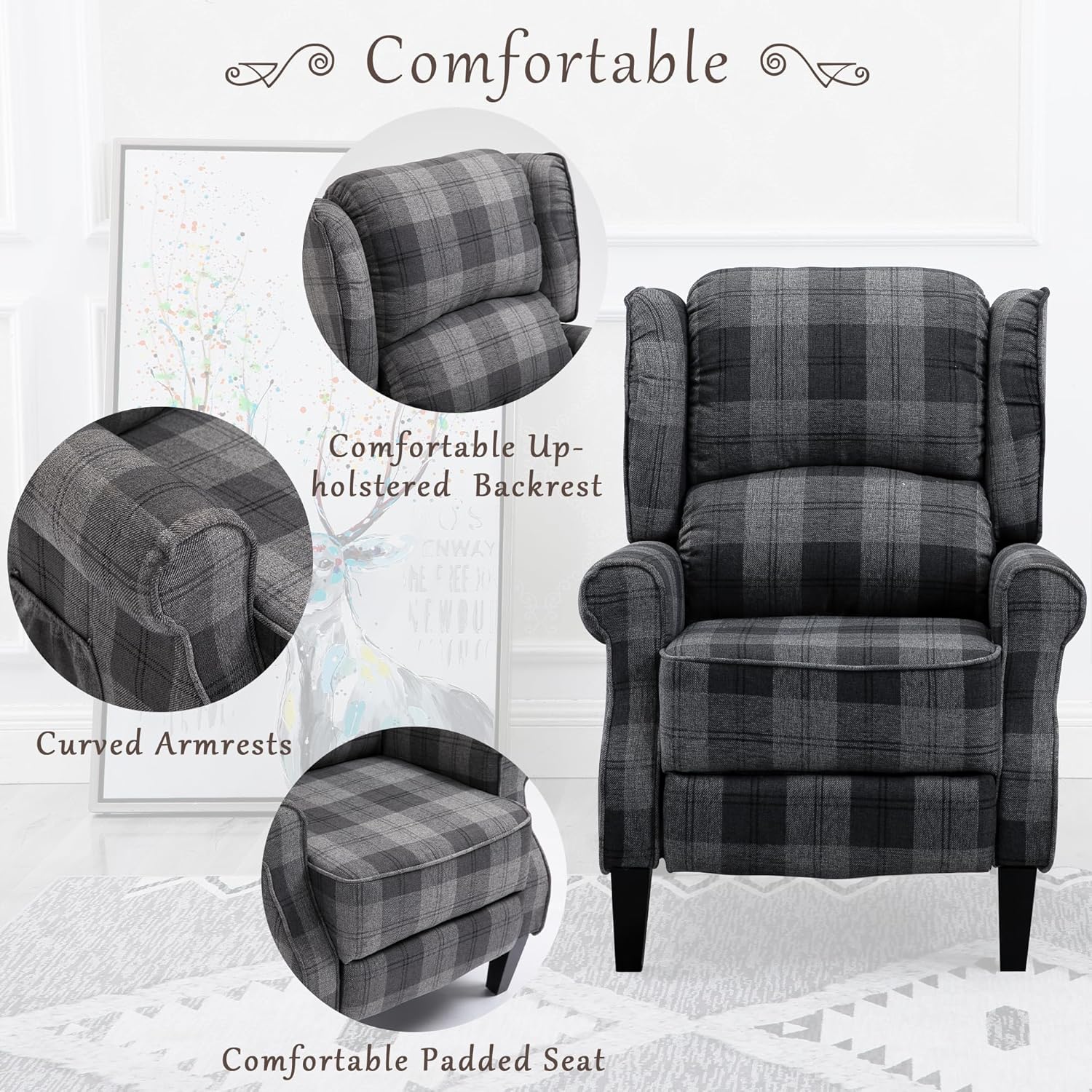 Modern Comfortable Upholstered Leisure Chair Multifunctional Recliner Chair Single Sofa with Footrest Small Recliner Chair for Small Spaces,Grey Check