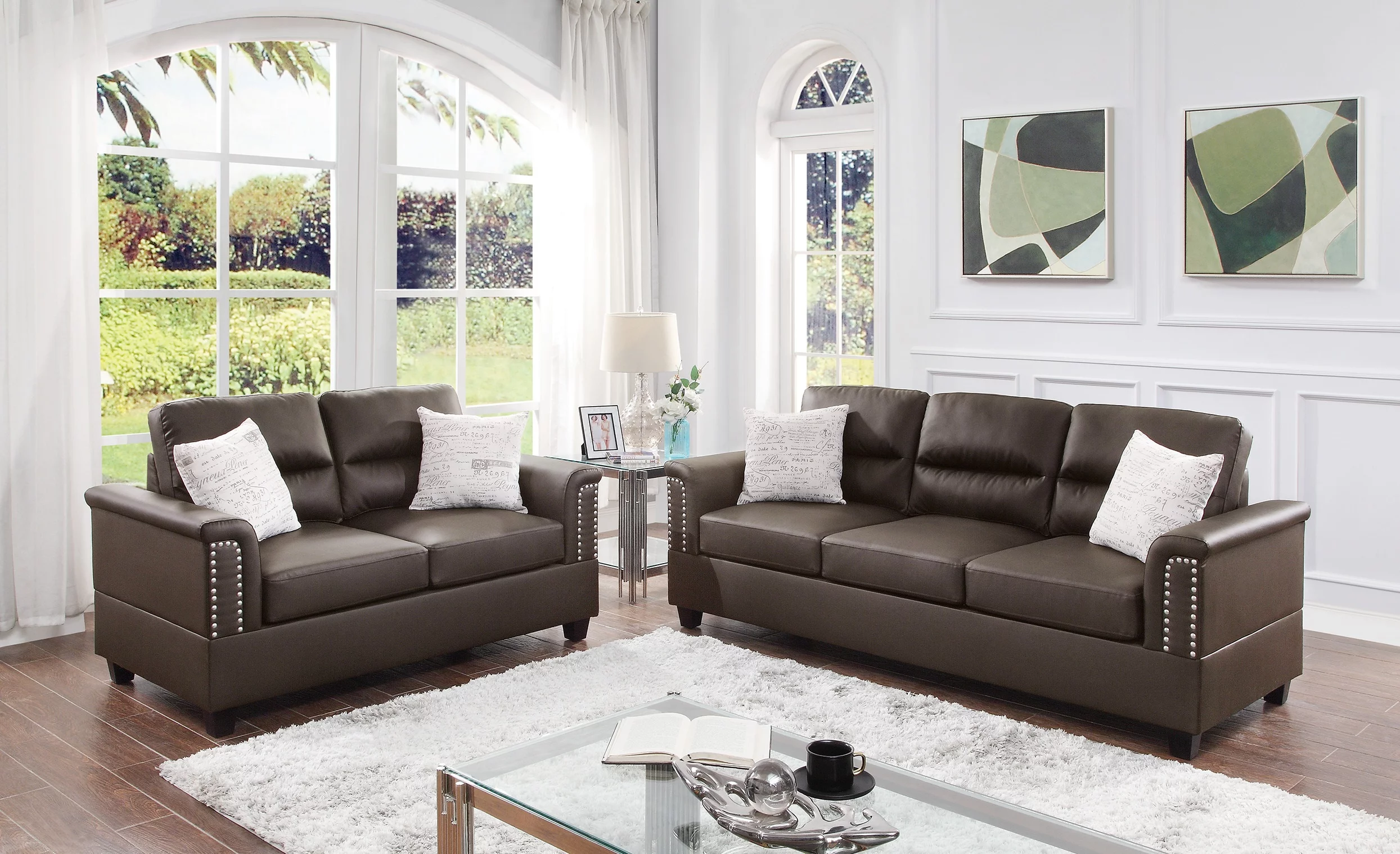 Espresso Contemporary Style Living Room Furniture 2pcs Sofa set Faux Leather Sofa And Loveseat Plush Cushion Couch