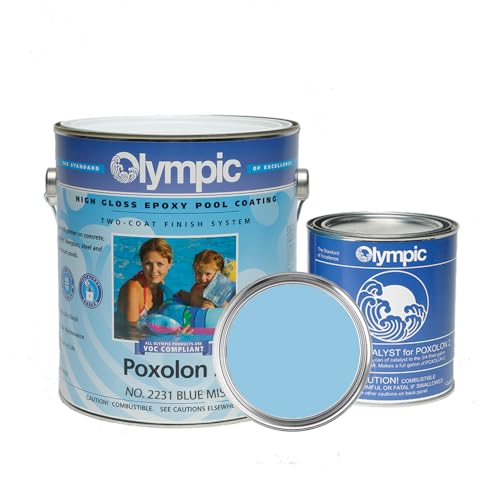 Olympic Pool Paint - Poxolon 2 - Blue Mist - 1 Gallon - two-part epoxy swimming pool paint - high-gloss tile like finish for plaster, fiberglass