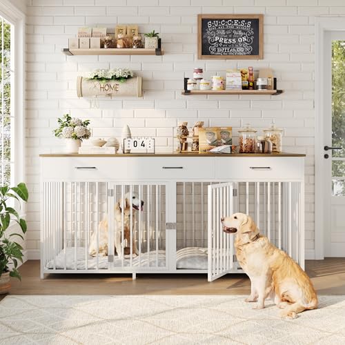 HOSTACK Double Dog Crates Furniture, 71" Wide Indoor Dog Kennel with 3 Drawers, Farmhouse Dog Cage for 2 Large/Medium Dogs