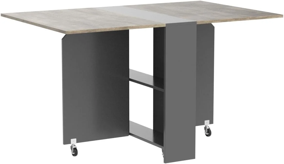 Folding Dining Table, Drop Leaf Dining Table with 6 Wheels and 2-Layer Storage Shelf, Space Saving Dining Table for Small Spaces, Chestnut and Gray