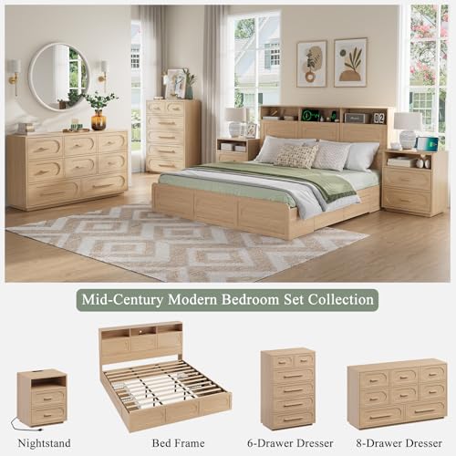 Queen Bed Frame with 47" Storage Headboard, Queen Size Wood Bed Frame with 4 Storage Drawers, Built-in Charging Station & LED, Solid Wood Slats