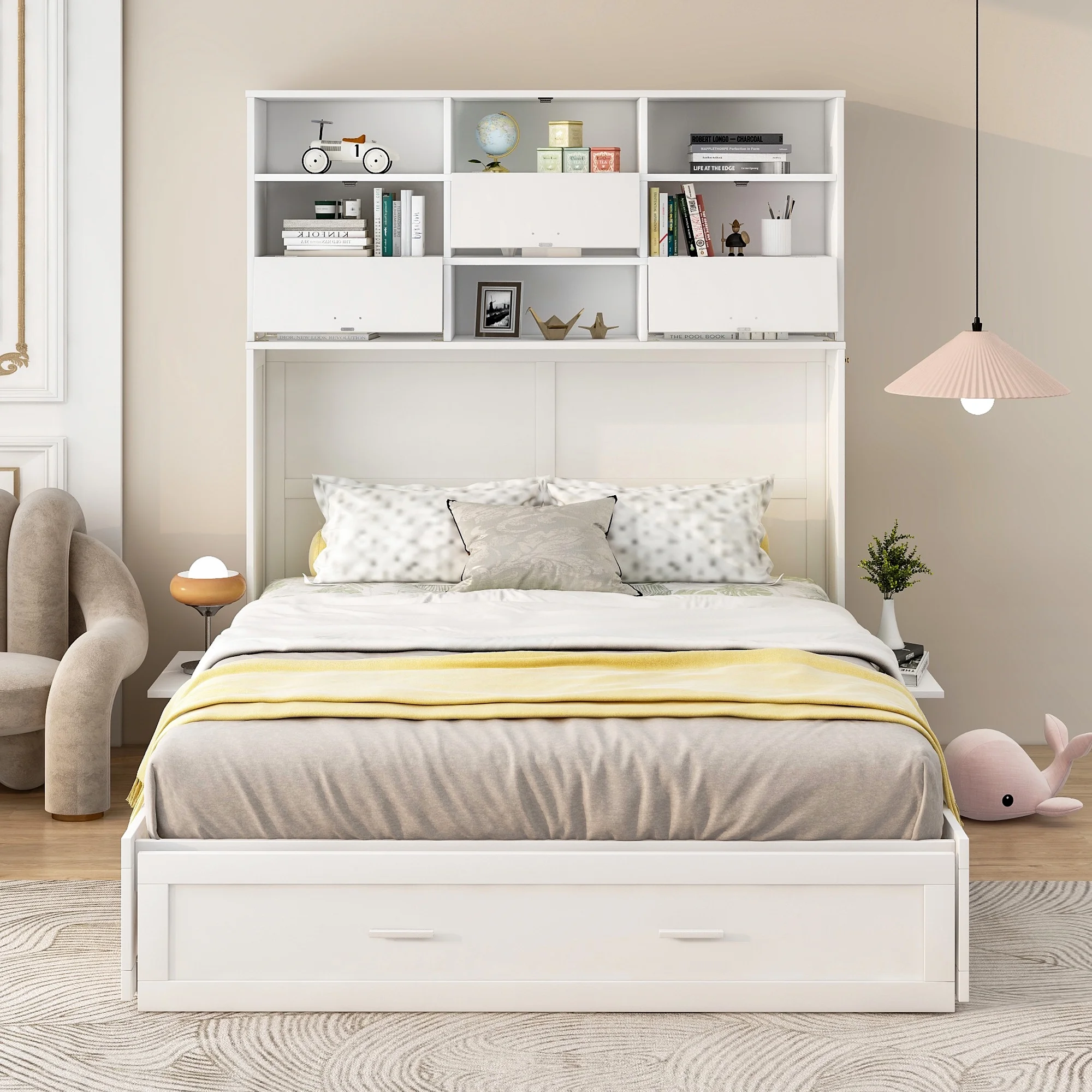 Euroco Queen Size Murphy Bed with Bookcase, Shelf and Drawer, Convertible into a Cabinet with Bookcase for Living Room