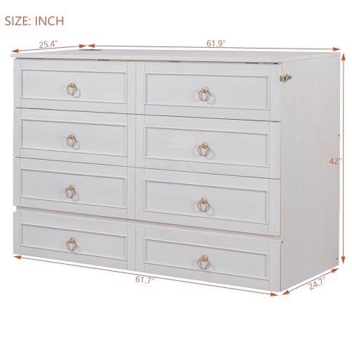 Harper & Bright Designs Queen Size Murphy Wall Bed, Chest Cube Cabinet With USB, Charging Station and Large Storage Drawer for Home Office