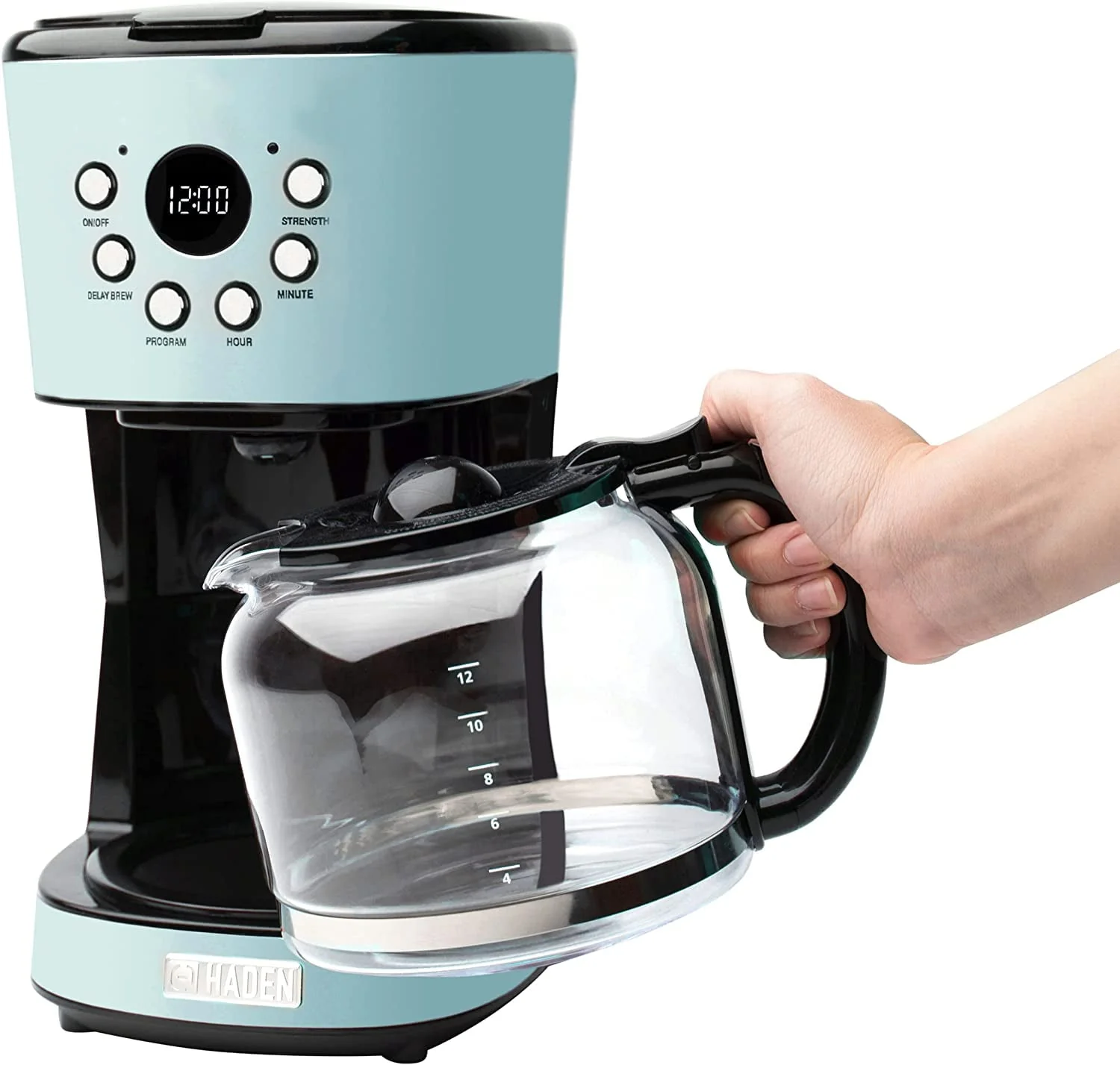 HADEN 75032 Heritage Innovative 12 Cup Capacity Programmable Vintage Retro Home Countertop Coffee Maker Machine with Glass Carafe  Turquoise Blue