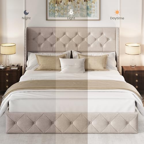 King Size Bed Frame with 4 Storage Drawers and Tufted Headboard Linen Upholstered Platform Bed Frame Wingback Beds with Wooden Slats Support