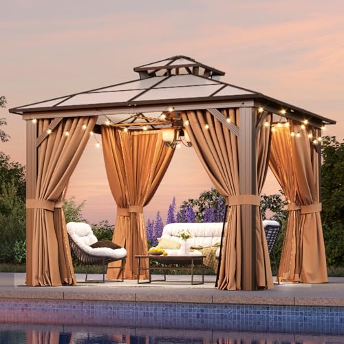 Aoxun 12'x16' Hardtop Gazebo, Aluminum Frame Permanent Pavilion with Netting and Curtains, Outdoor Polycarbonate Double Roof Canopy