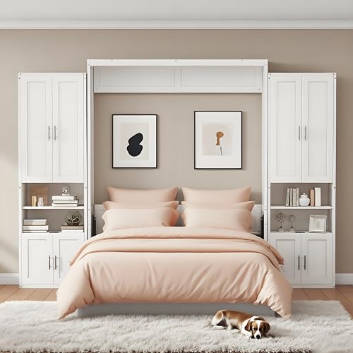 Queen Size Murphy Bed with Desk & Charging Station,Wall Bed Frame Folding into Cabinet Design w/LED & Storage Shelf for Small Space,Bedroom