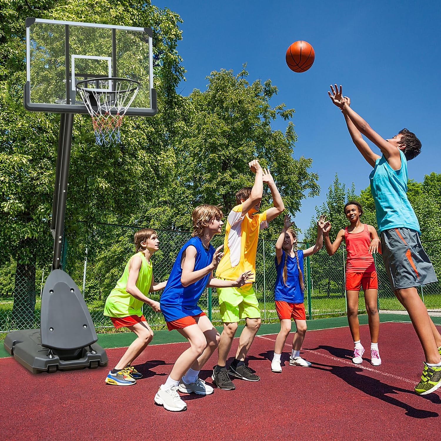 GIKPAL 44" Portable Basketball Hoop System,Height Adjustable 7.5-10FT with 44" shatterproof Backboard for Kids/Adults Indoor Outdoor with Wheels