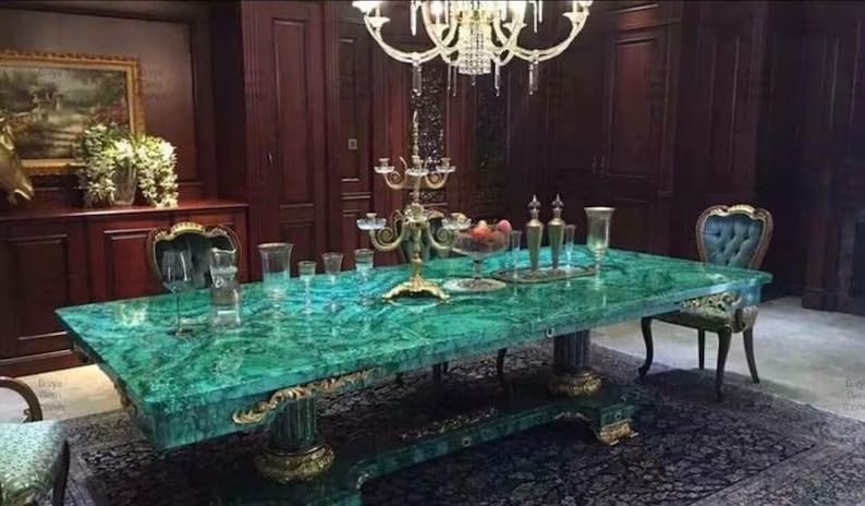 TUZECH Unique and Special Semi Precious Malachite Gemstone Dining Table Tops Malachite Conference Table Agate Stone Furniture Table Luxury Hallway