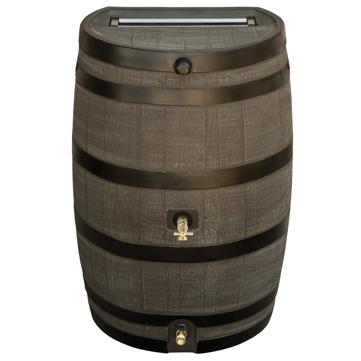 RTS Home Accents Polyethylene 50 Gallon Flat Back Dual Brass Spigot Rain Barrel, Woodgrain with Black Stripes Color - Curated Treasures Market