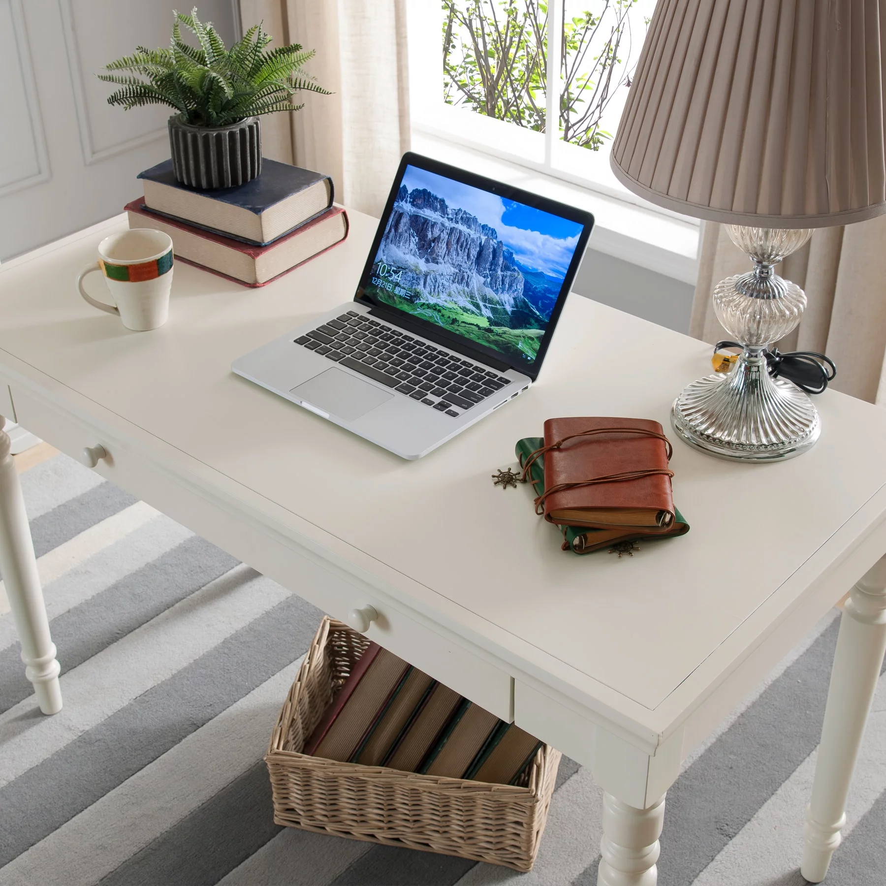 Leick Home 85410 Turned Leg Laptop Writing Desk with Center Keyboard Drawer, Cottage White