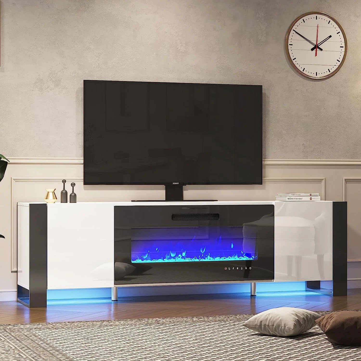 LUXOAK  70" Fireplace TV Stand with 36" Electric Fireplace for TVs Up to 80", White