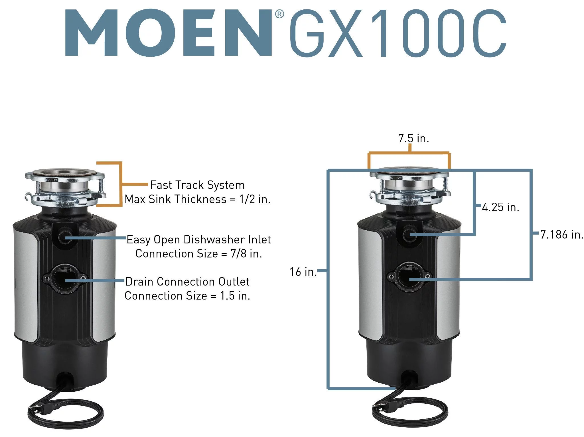 Moen Chef Series 1 HP Continuous Feed Garbage Disposal with Sound Reduction, GX100C