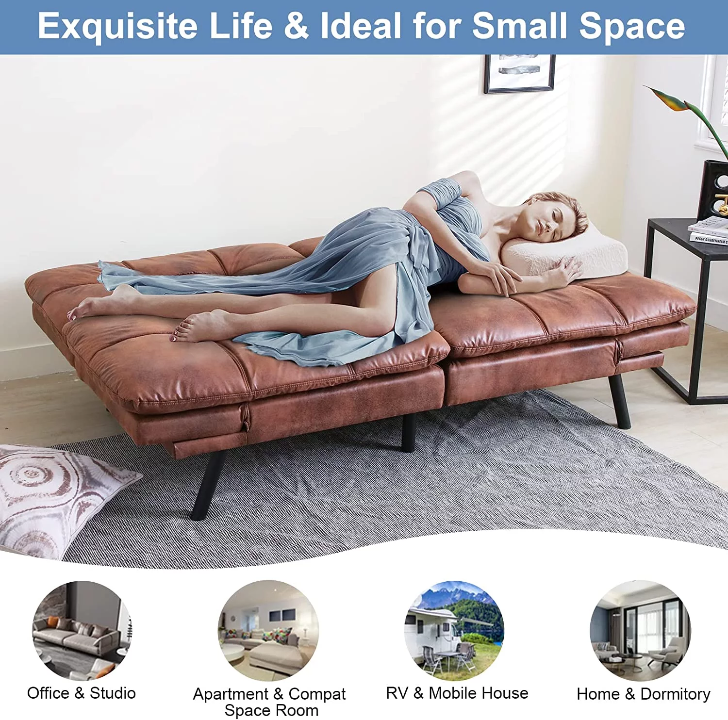 RUNFAYBIU Futon Sofa Bed Memory Foam Futon Couch Bed Sofa Sleeper Modern Convertible Faux Leather Futon for Living Room Small Love seat for Apartment
