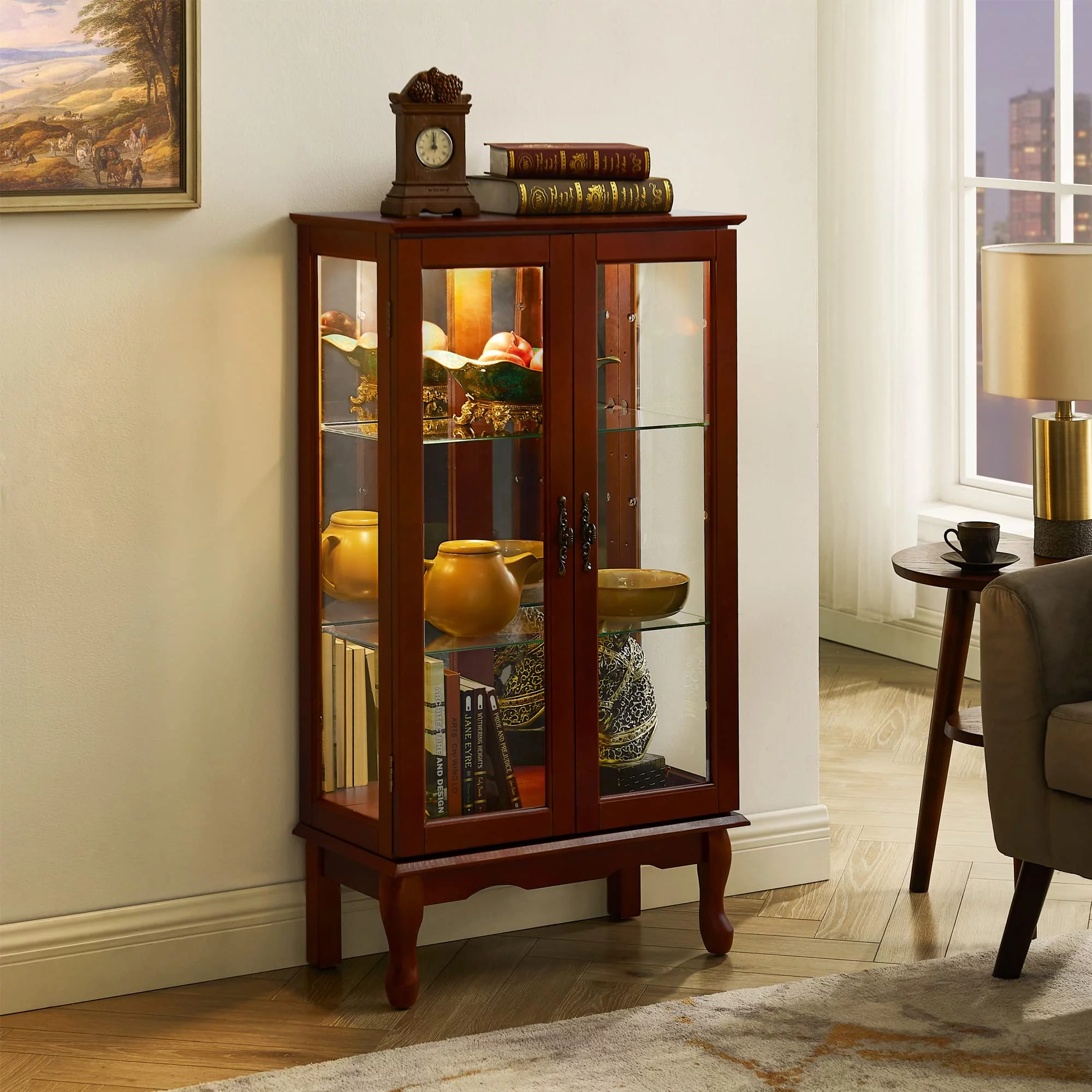 Ufurpie 3 Tier Curio Cabinet Lighted Curio Display Cabinet with Adjustable Shelves and Mirrored Back Panel,Tempered Glass Doors