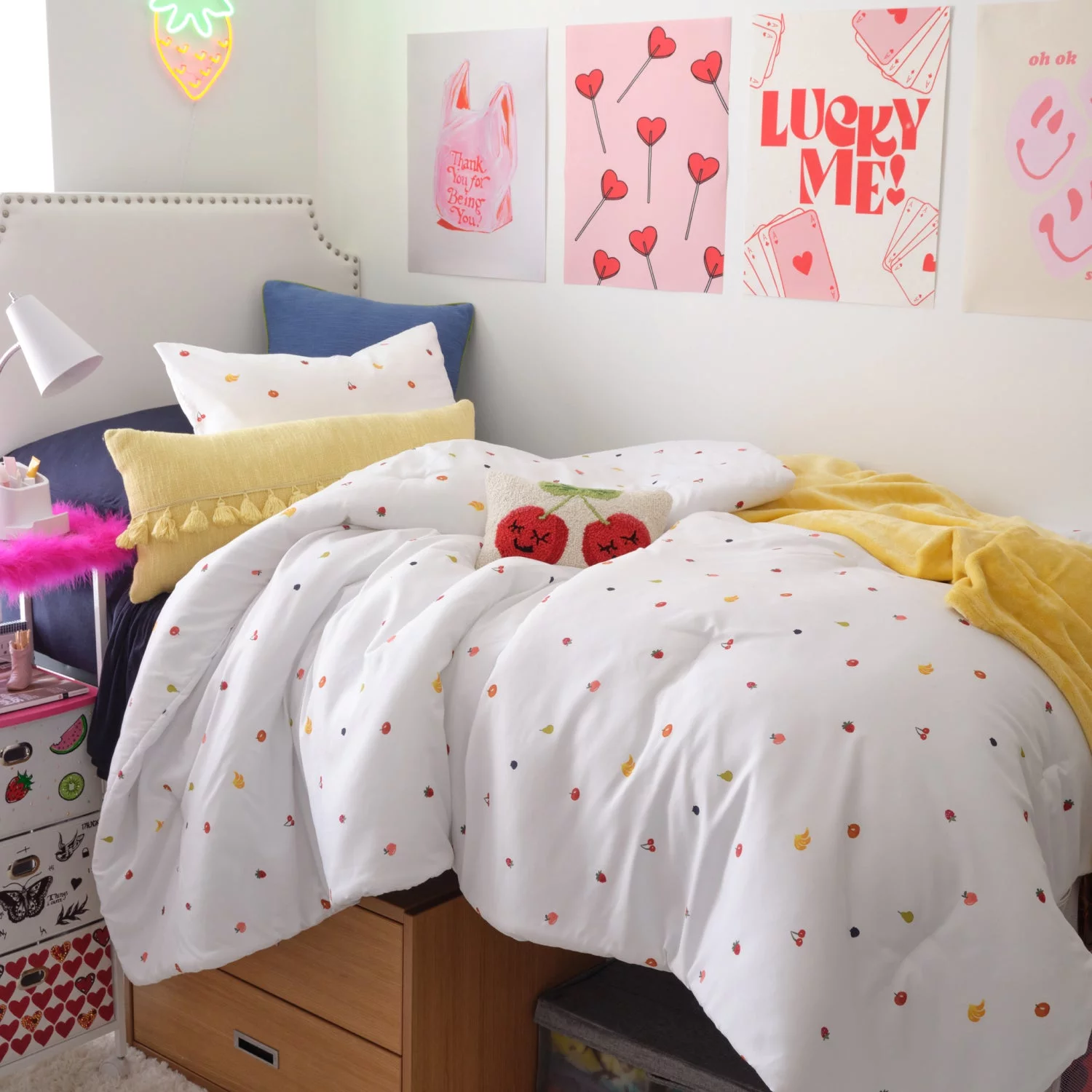 Dormify Fruit Showers Comforter and Sham Set, White & Rainbow Fruits, Full/Queen, Dorm & College Essentials